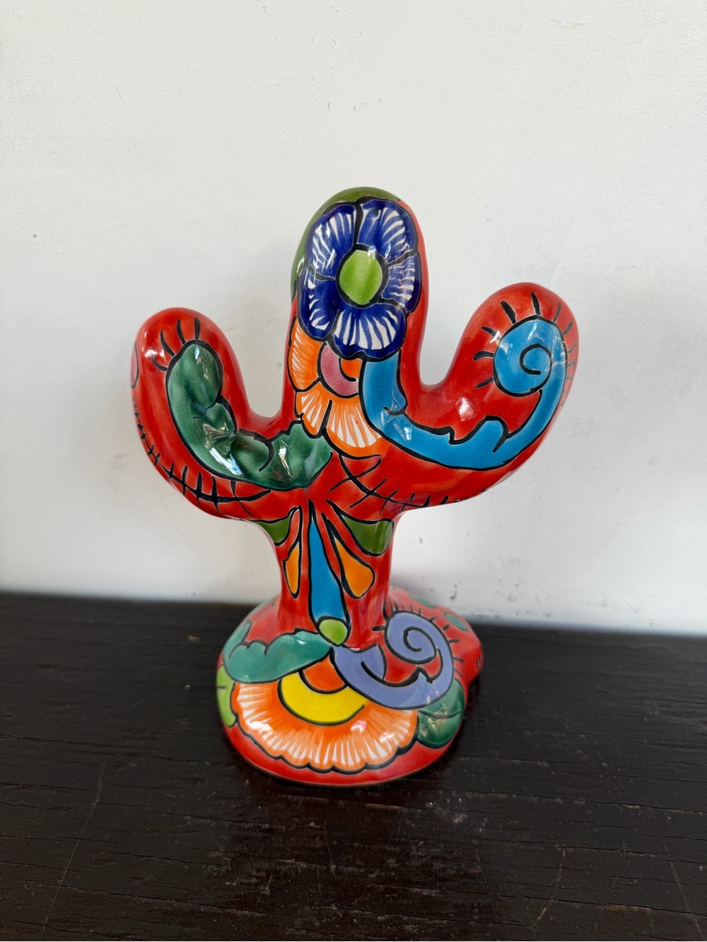 Hand-Painted Red Talavera Cactus Sculpture Décor.